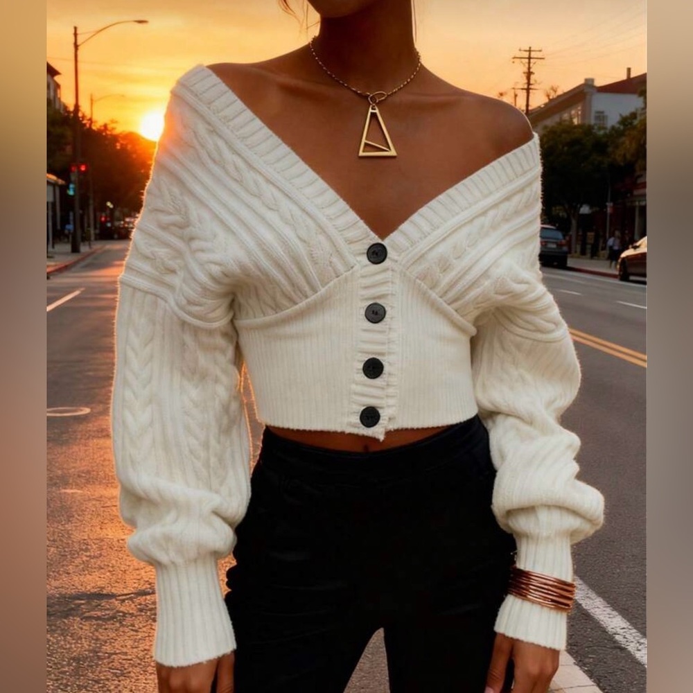 SHEIN Cream Ribbed Cable-Knit V-Neck Button Crop Sweater